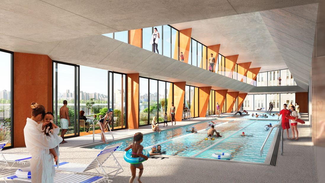 Renderings show a future indoor swimming pool at a luxury Two Trees development in Williamsburg.